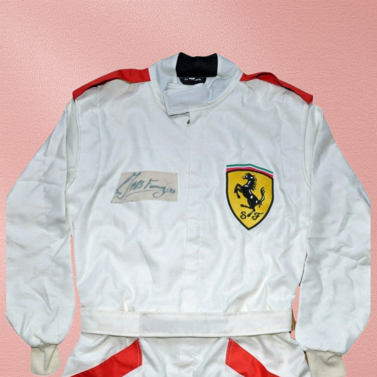 Juan Manuel Fangio Signed Vintage Ferrari F1 Replica Embroidered Race Suit